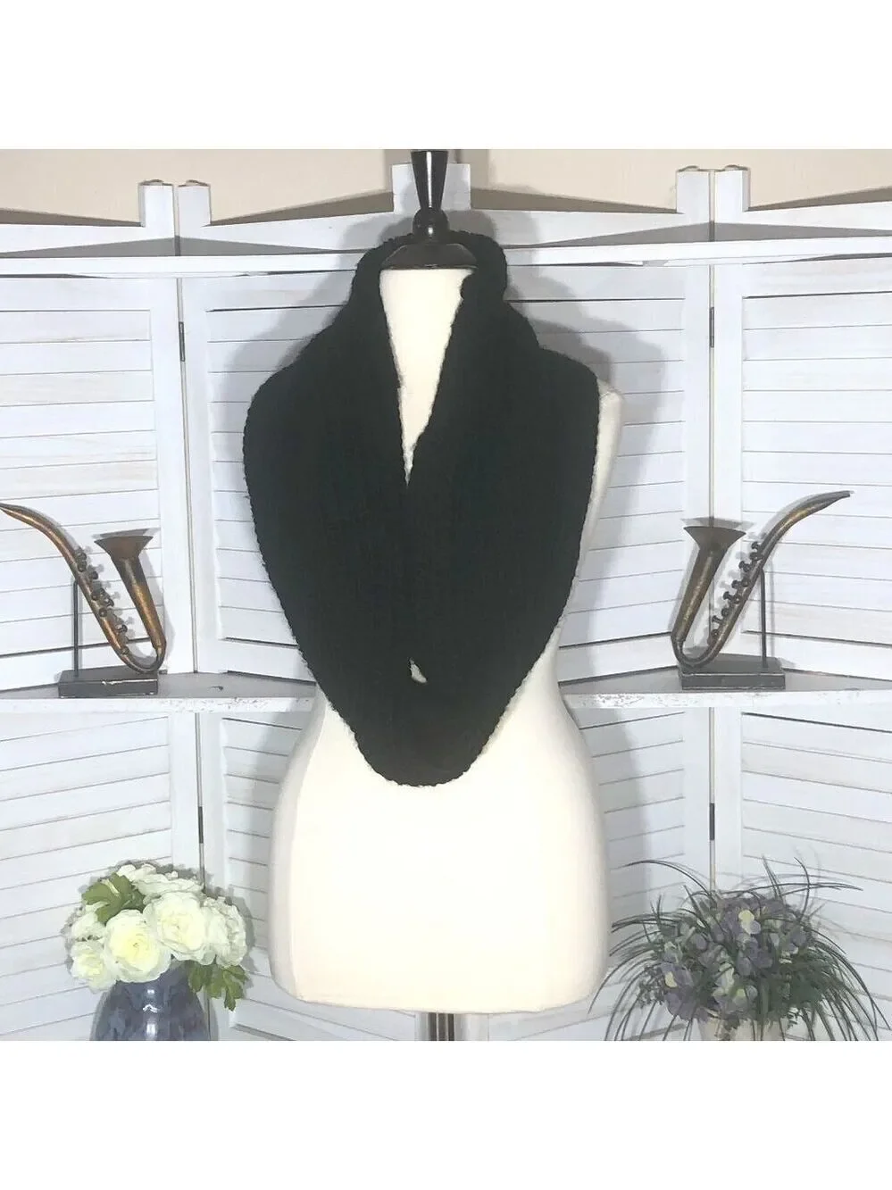 Black Cable Knit Infinity Scarf Chunky Warm OS